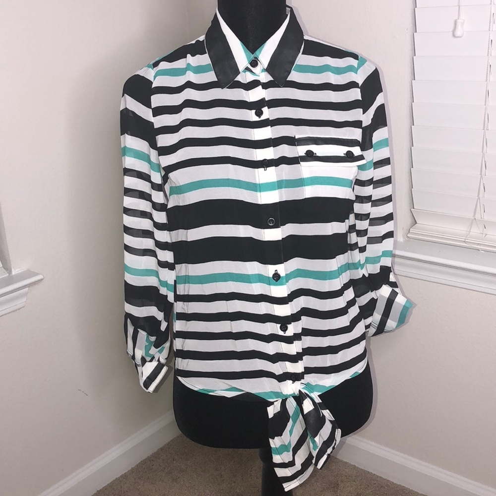 Black, Teal & White Striped Top